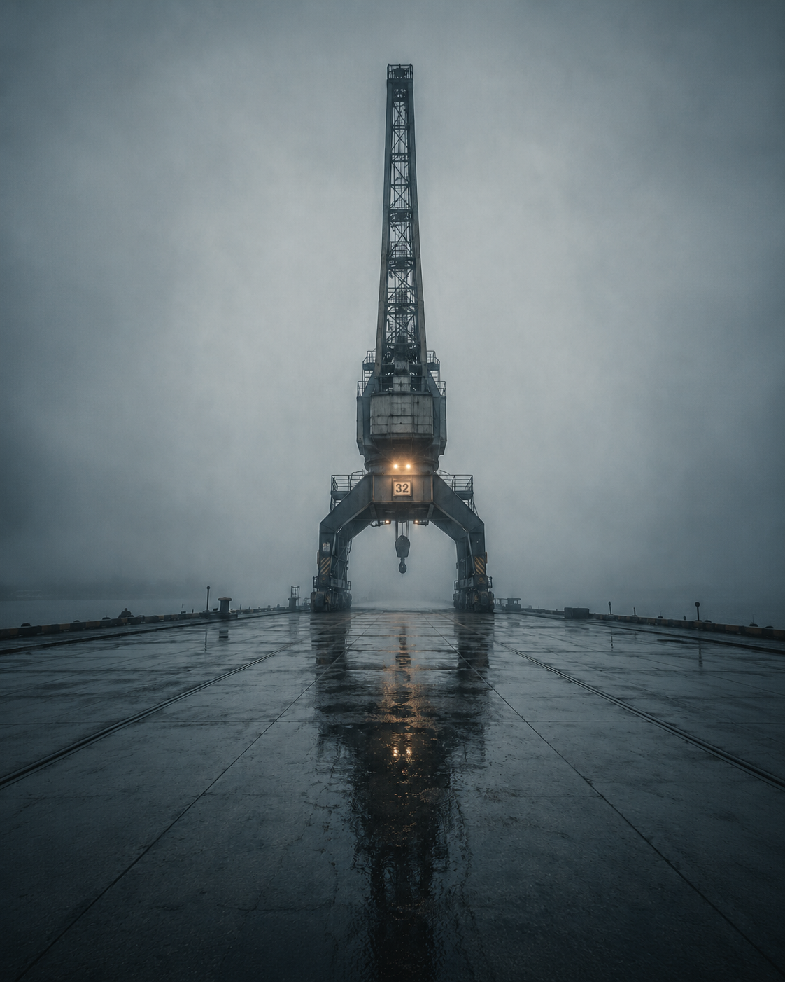 Alter Hafenkran im Nebel aus der Serie Silent Structures